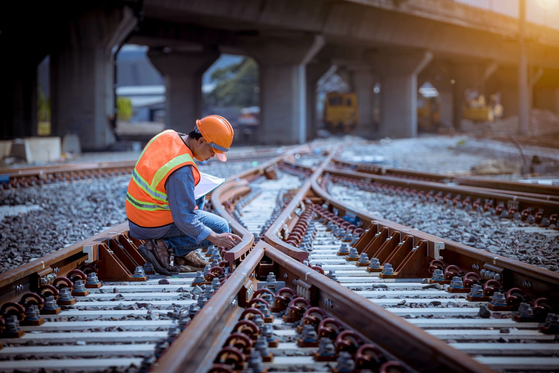 A railroad worker crouches over to inspect railroad tracks.
