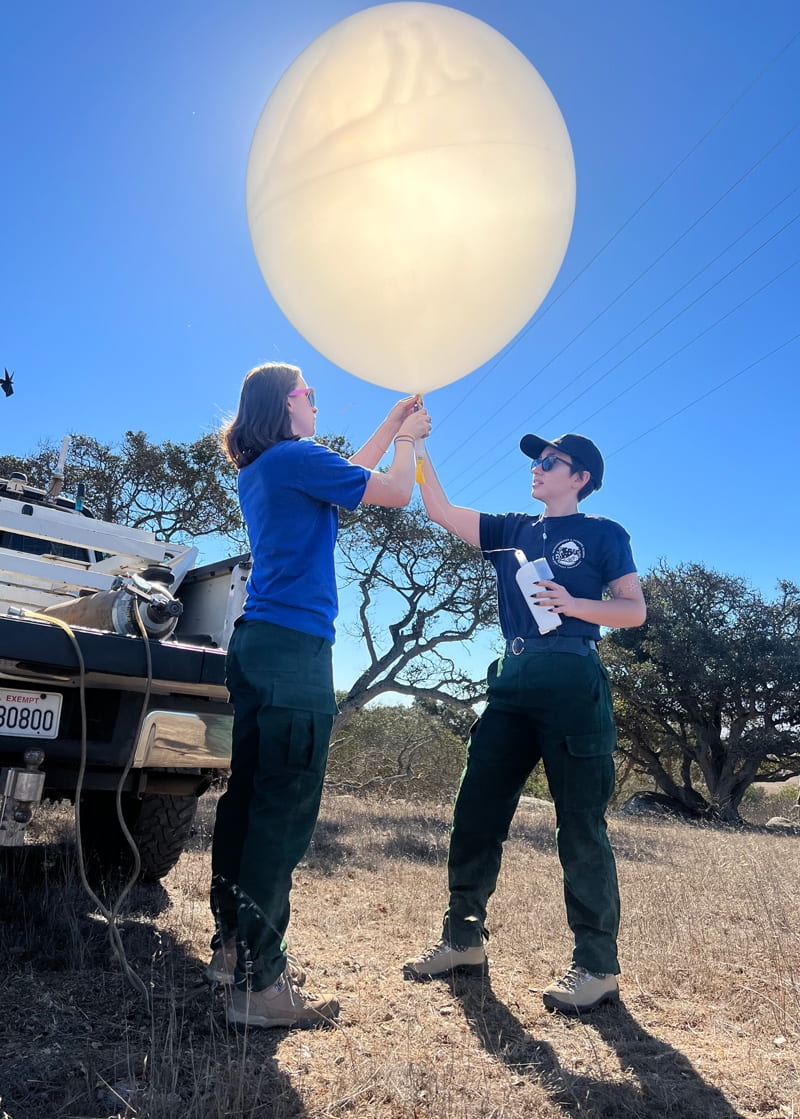 Kate Forrest, ’23 MS Meteorology, (R) deploys a weather balloon prior to the canyon experiment.