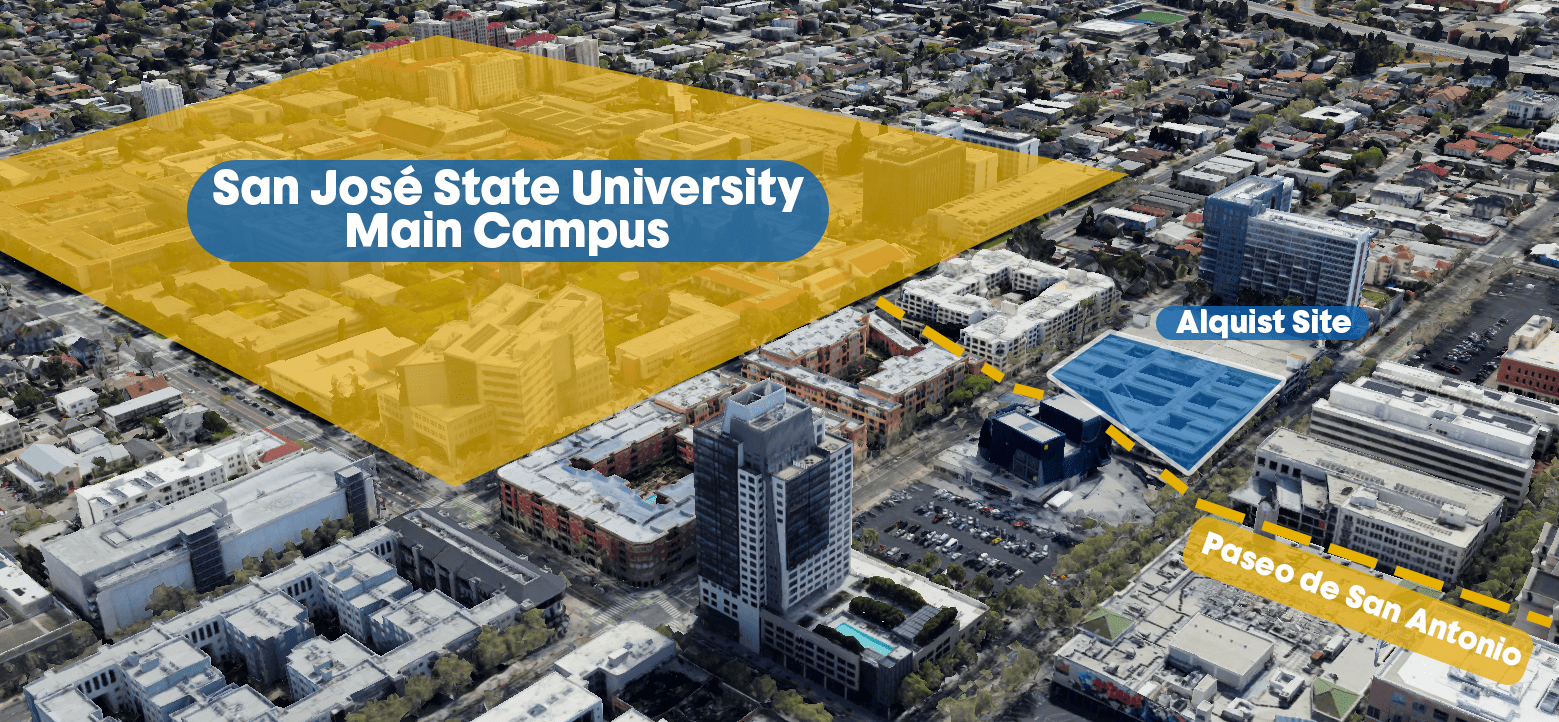 Rendering of SJSU campus highlighted in yellow with the Alquist building site highlighted in blue