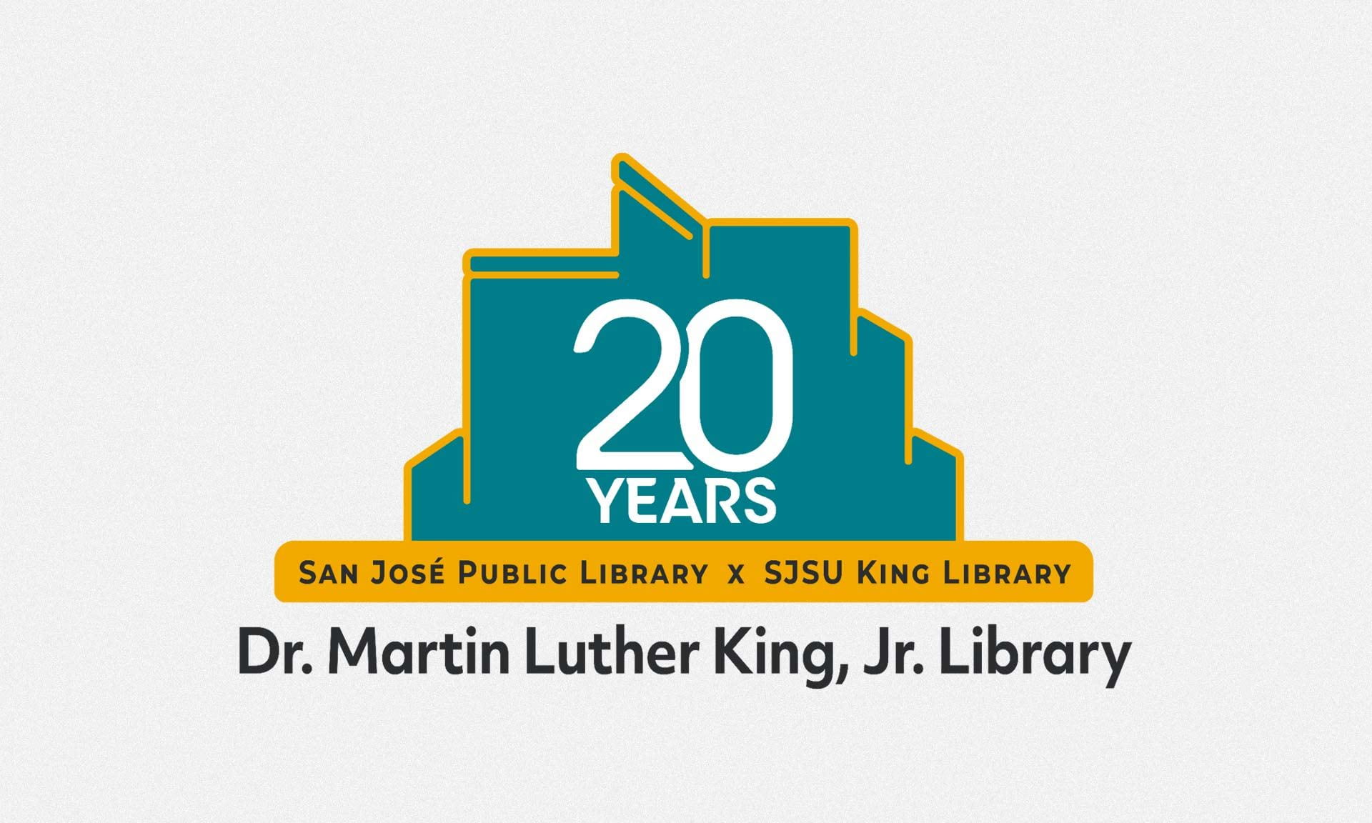 An illustration of the MLK Library building silhouette with the words 20 Years San Jose Public Library x SJSU King Library, Dr. Martin Luther King, Jr. Library.