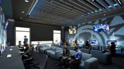Draft rendering of the game lounge at Spartan Village on the Paseo.