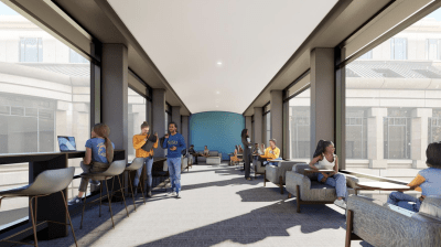 Artistic rendering of the study lounge space in the skybridge at Spartan Village on the Paseo.