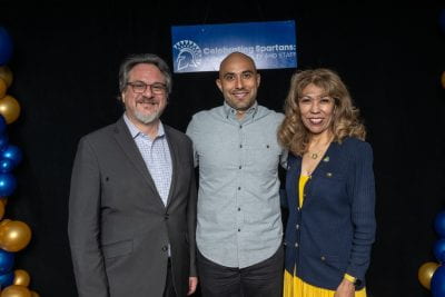 Randy Rodriguez (center), with Vincent Del Casino, Jr. and SJSU President Cynthia Teniente-Matson. Photo by Robert C. Bain.