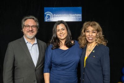 Trisha Gilges (center) with Vincent Del Casino, Jr. and SJSU President Cynthia Teniente-Matson. Photo by Robert C. Bain.