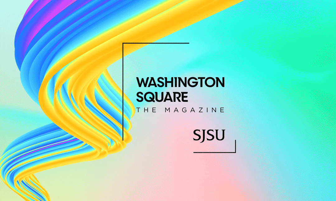 Washington Square: The Magazine over a glittering background with a bright ribbon of colors sweeping across the edge.