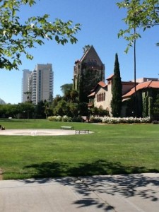 Landscape photo of Tower Lawn with Tower Hall and San Jose City Hall in the background. Photo tweeted by @gabemeistersp.
