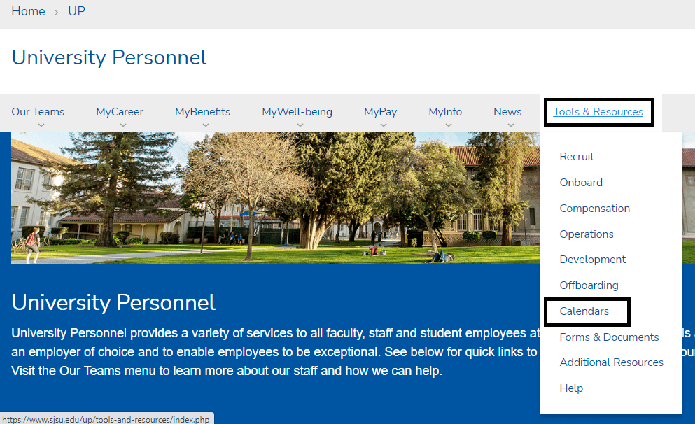 image of university personnel website showing tools & resources and calendars