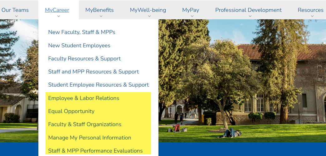 image of mycareer menu contents on the university personnel website; several items are highlighted for emphasis