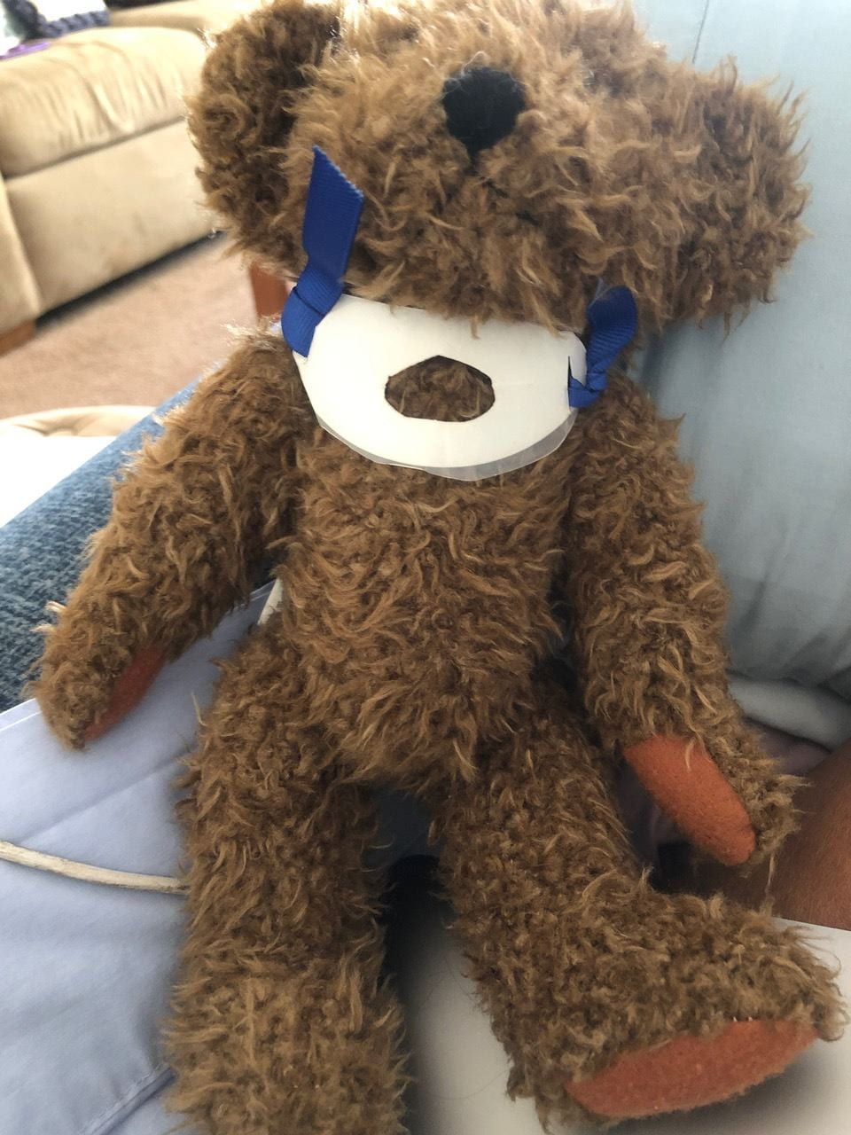 Teddy bear that is used to demonstrate tracheostomy care.