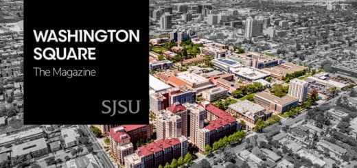 Washington Square: The Magazine black square logo over an image of SJSU square campus highlighted in color.